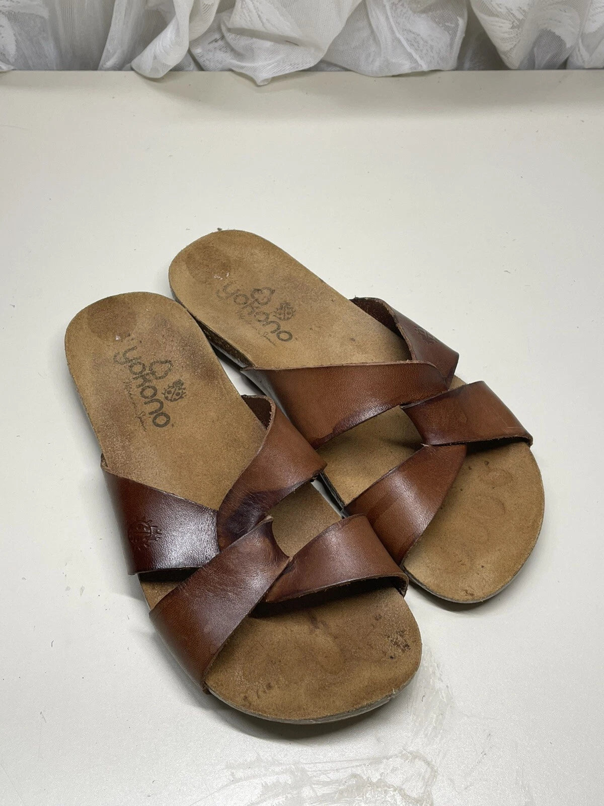 Yokono Women's Ochre Leather Cork Wedge Slide Sandals Size 7.5 Made in Spain