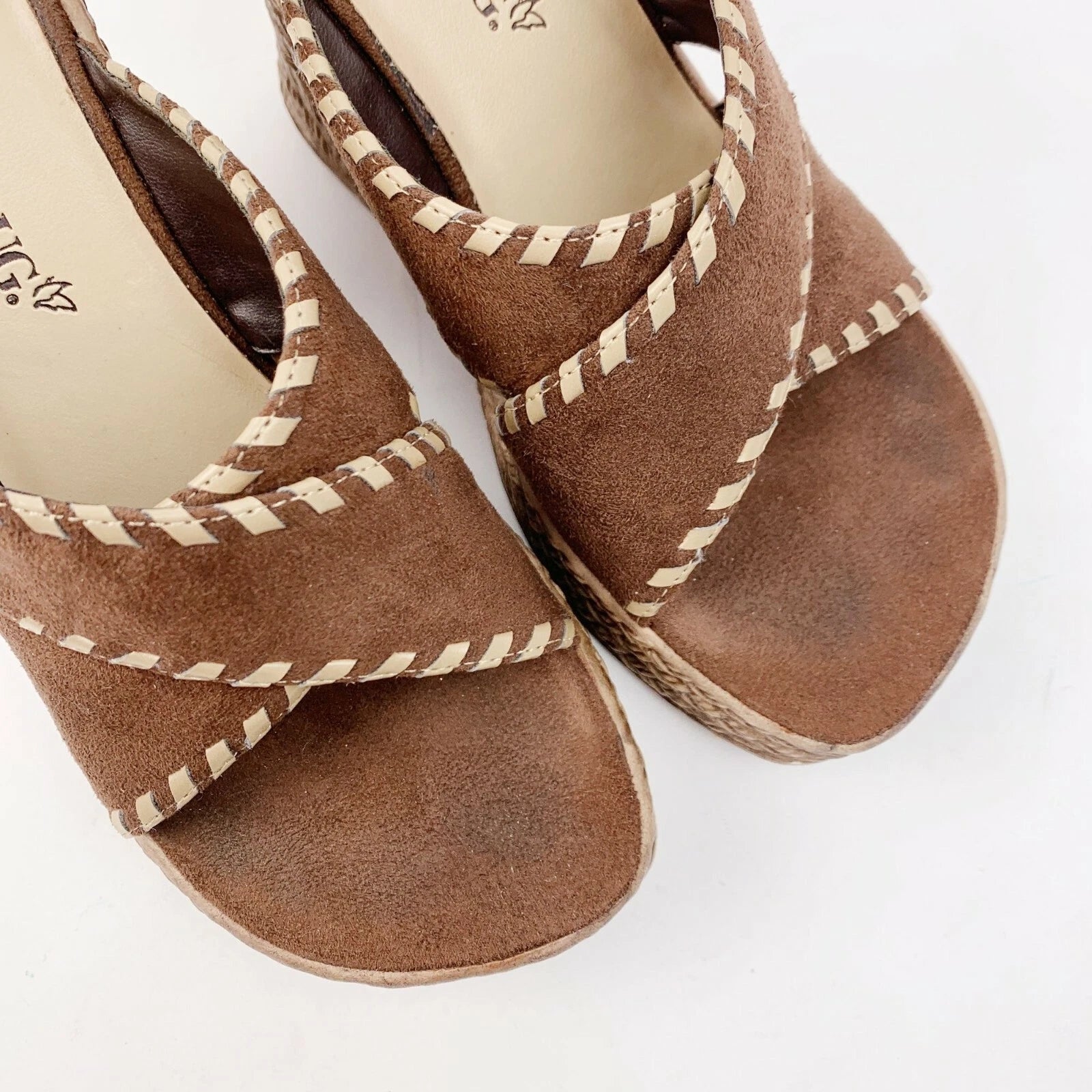 Vintage 90's Y2K Fashion Bug Wedge Sandals Brown Tan Suede Size 6.5 6 1/2
