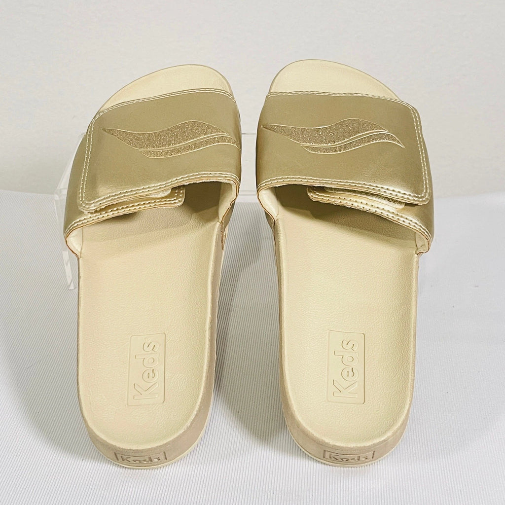 KEDS Slides Womens 7 Metallic Tan Adjustable Hook & Loop Sandals Cushion Foam