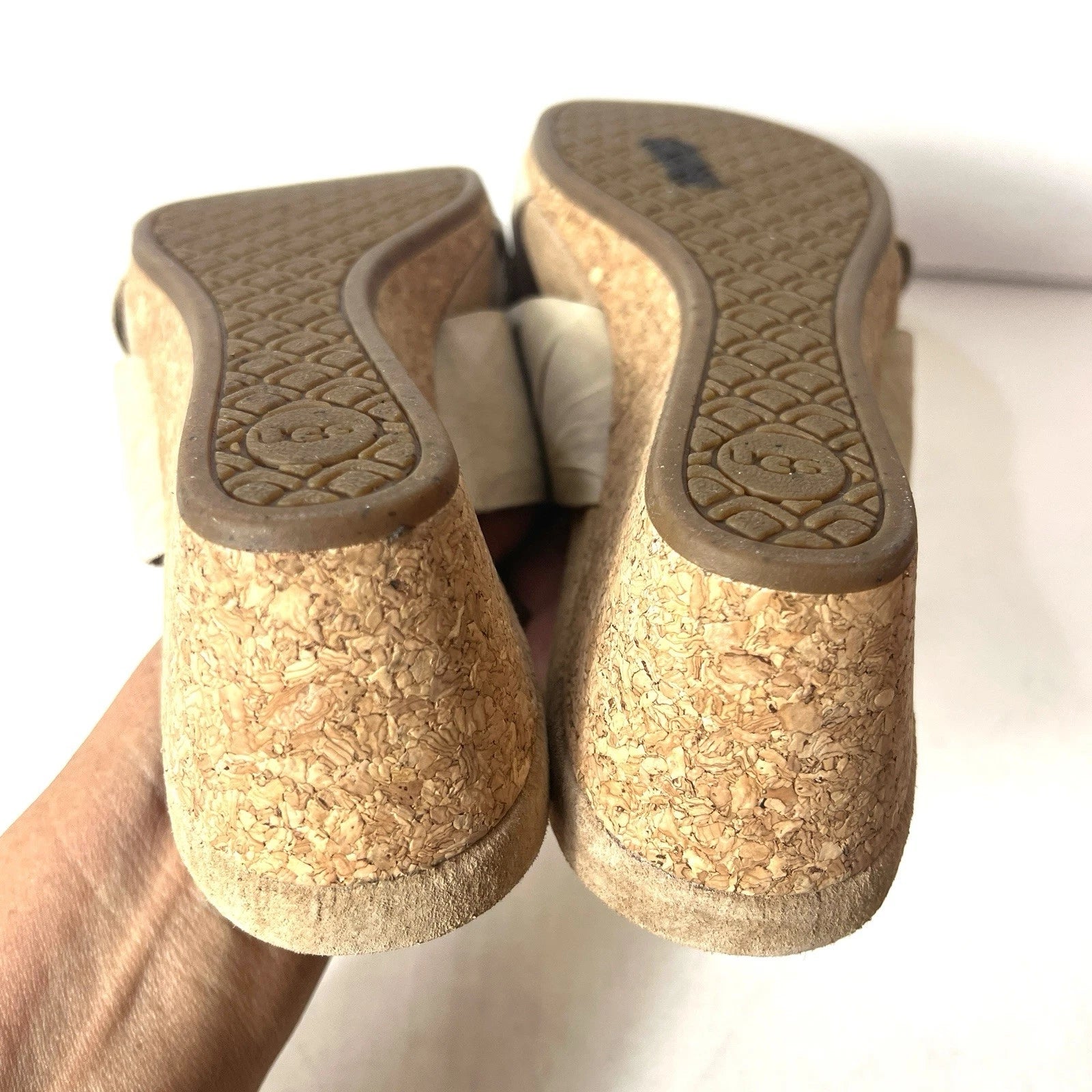 UGG Women's 9 Beige Leather Cross Slide Cork Wedge Summer Casual Sandals Slip On