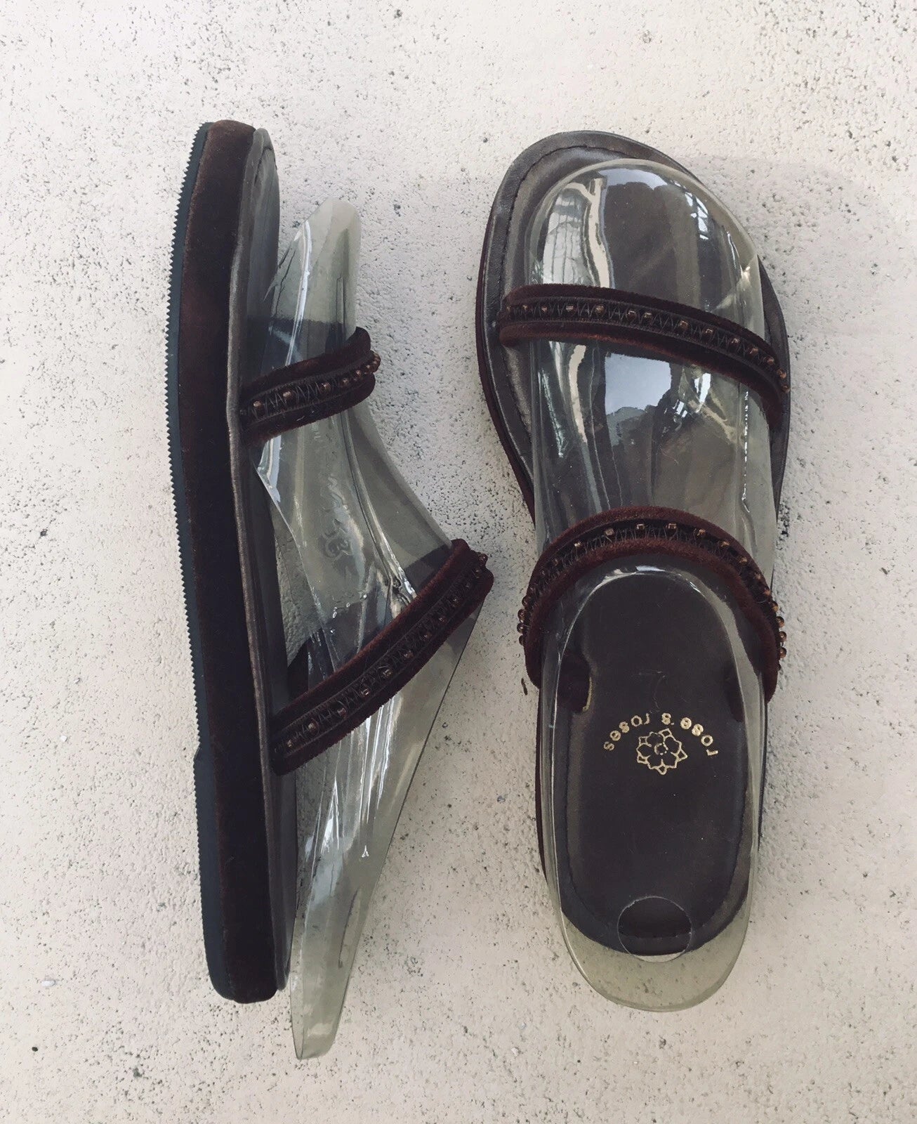 Vtg NEW Rose’s Roses Hand-Beaded Burgundy Velvet, Leather Slide Sandals, Size 6