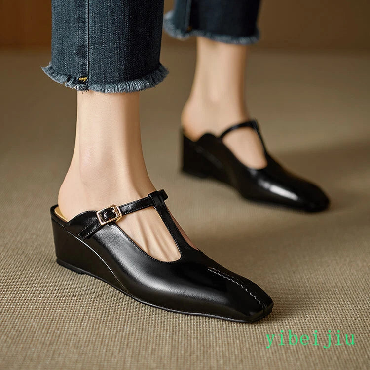 Women's Slippers Real Leather Mules Slides T Bar Sandals Comfort Date Shoes 2025