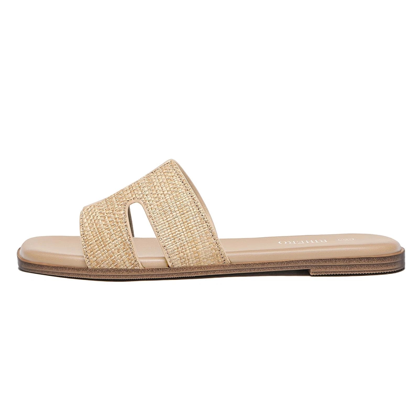 Comfortable Women's Slip On Leather Raffia Flat Sandals Dressy Slide Shoes