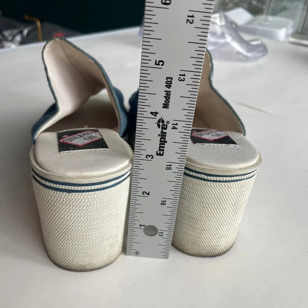 Y2K Denim Mules Heeled Sandals Zip Open Toe 90s Platform Shoes Women's Size 7.5