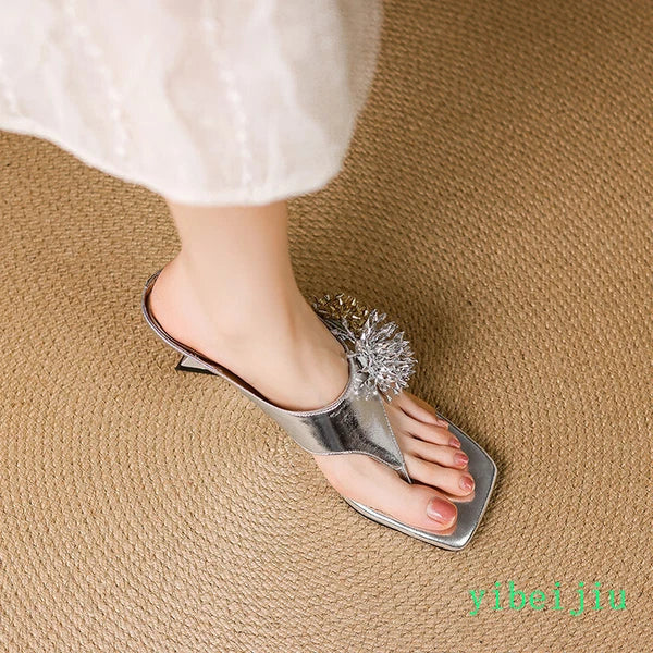Women's Mid Wedge Heel Flip Flops Leather Thongs Sandals Slides Mules Shoes Lady
