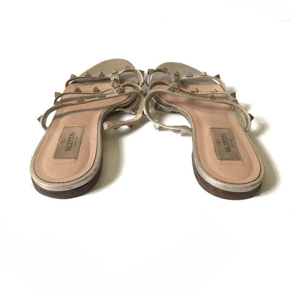Valentino Rockstud Flat City Slide Sandals Womens 37.5 7.5 Metallic Leather Shoe