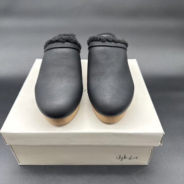 Style & Co Women's Tooma Slide Faux  Black Lined Clog Heeled Mules SZ 7.5 M NIB
