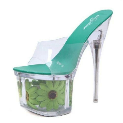 Women's Clear Transparent Flower Slipper Mules Slides Platform High Heel Sandals