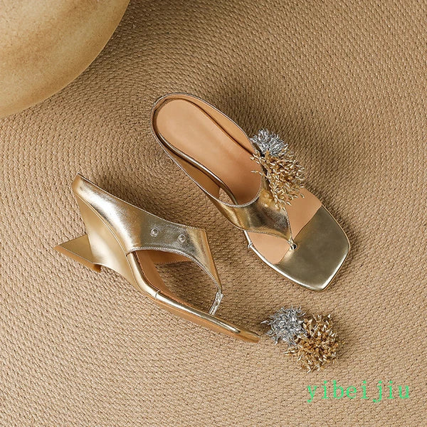 Women's Mid Wedge Heel Flip Flops Leather Thongs Sandals Slides Mules Shoes Lady
