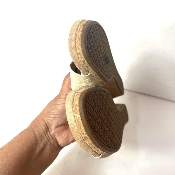 UGG Women's 9 Beige Leather Cross Slide Cork Wedge Summer Casual Sandals Slip On