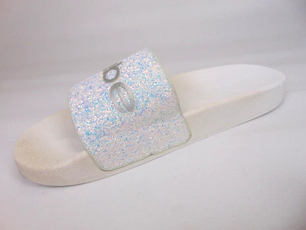 Bebe Womens Fraida Glitter Slide Fashion Sandals Flats Size 7.0 M, White Glitte