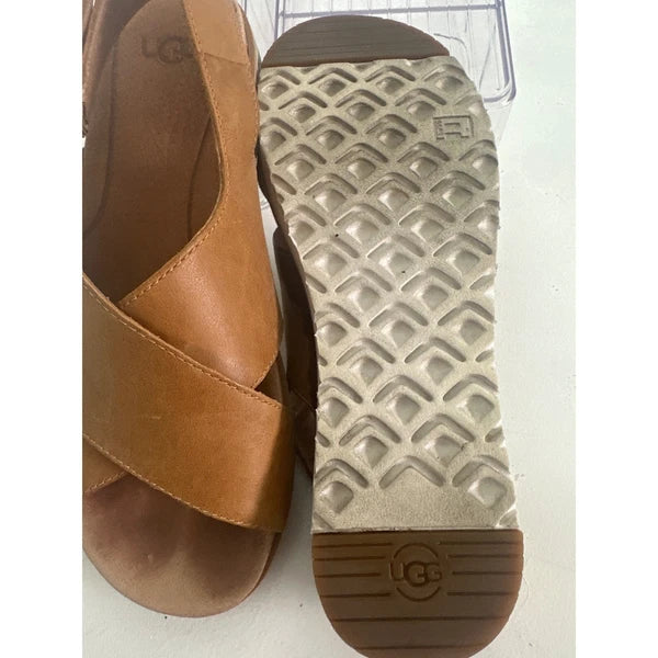 UGG Tan Leather Cross Strap Adjustable Buckle White Sole Sandals