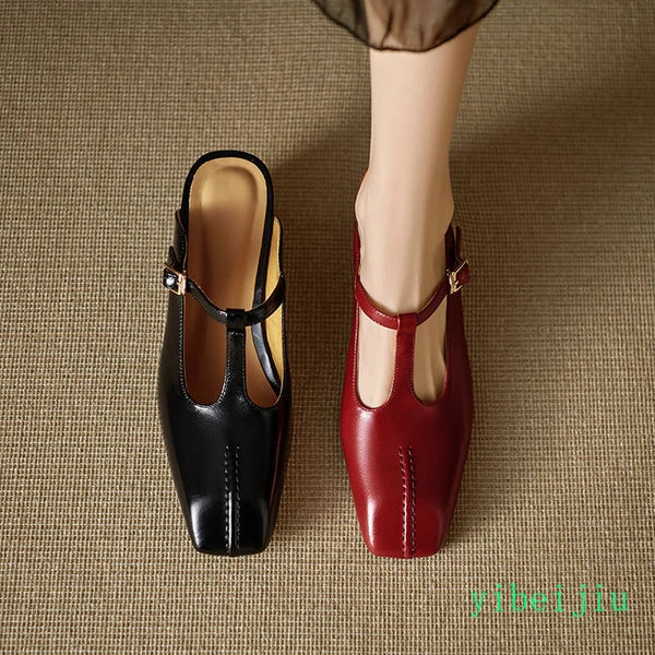 Women's Slippers Real Leather Mules Slides T Bar Sandals Comfort Date Shoes 2025