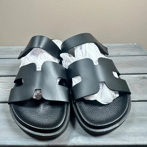 Yokono Black Leather Adjustable Strap Slides Sandals Women's US 7.5 EU 38