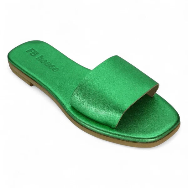 Ancient Greek style green metallic flat real leather slide sandals anatomic