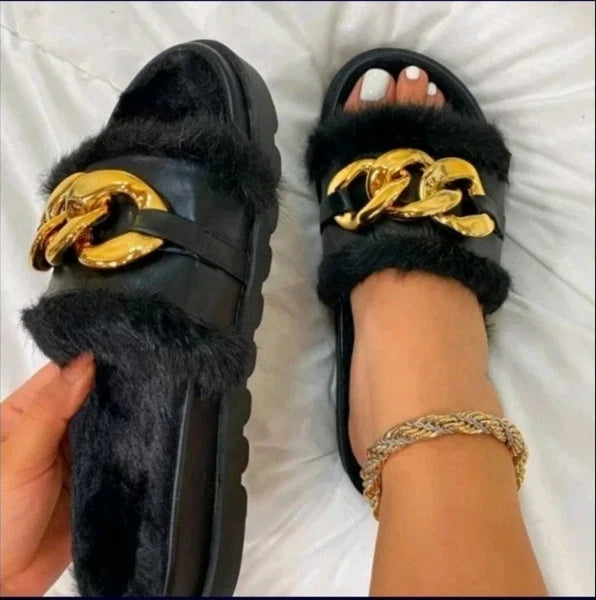 WOMENS FLAT FASHION DESIGNER FAUX FLUFFY FUR SLIDES LADIES MULES SLIDERS SANDALS