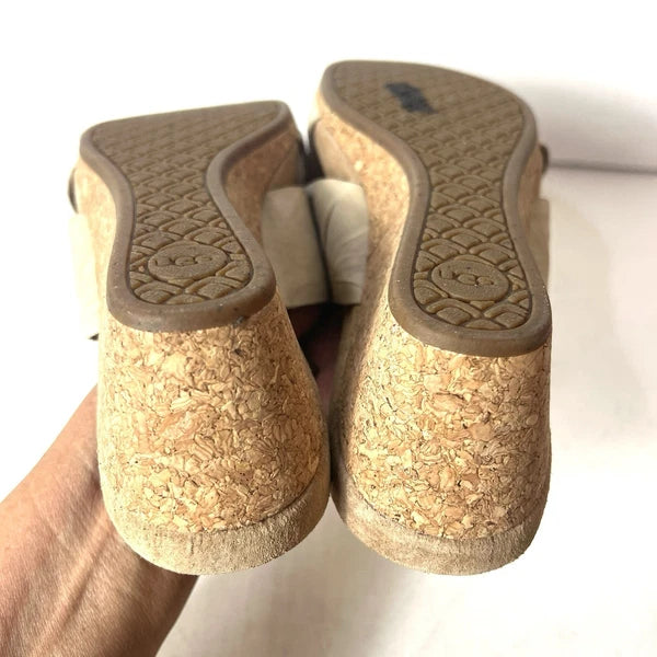 UGG Women's 9 Beige Leather Cross Slide Cork Wedge Summer Casual Sandals Slip On