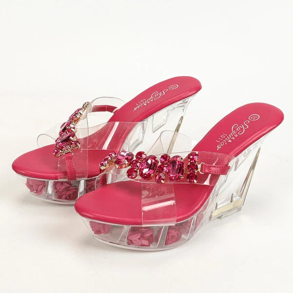 Women's Clear Crystal Platform High Wedge Sandals Mules Slides Shoes Party 2025