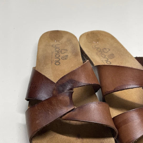Yokono Women's Ochre Leather Cork Wedge Slide Sandals Size 7.5 Made in Spain