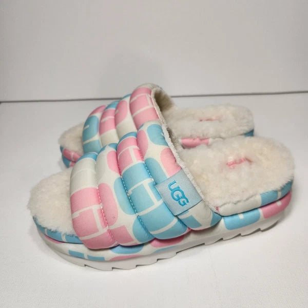 UGG Unisex Chunky Maxi Platform Sheepskin Slide Sandals Pink/Blue Sz W 8.5 /M 7