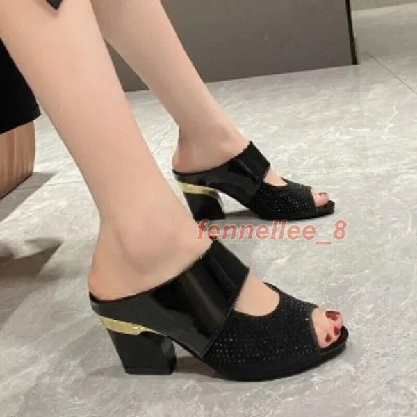 Women Sandals Square Heel Pumps Fashion Summer High Heels Slides Slippers Shoes