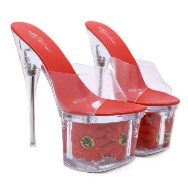 Women's Clear Transparent Flower Slipper Mules Slides Platform High Heel Sandals