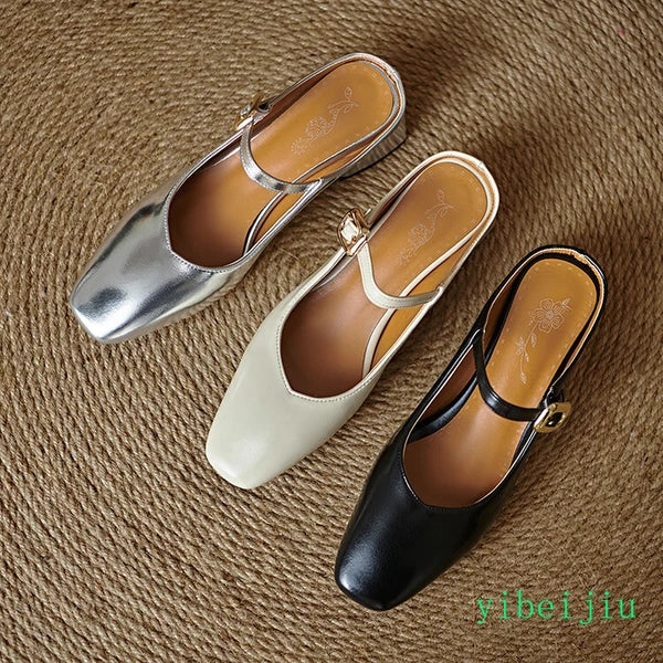 Women's Square Toe Mules Slides Low Heel Sandal Slingbacks Casual Shoes Office