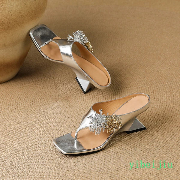 Women's Mid Wedge Heel Flip Flops Leather Thongs Sandals Slides Mules Shoes Lady