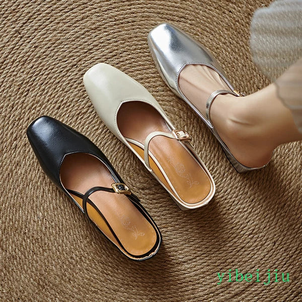 Women's Square Toe Mules Slides Low Heel Sandal Slingbacks Casual Shoes Office