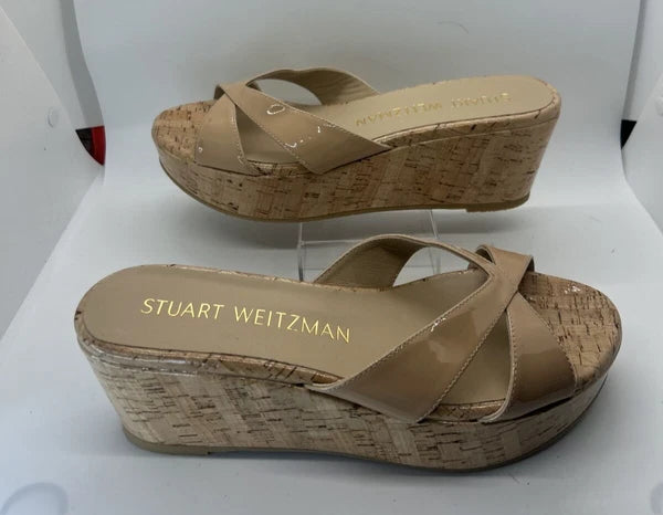 Stuart Weitzman CARMEN Platform Wedges 8 Adobe Slide Sandal Patent Leather $395