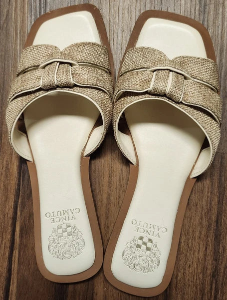 Womens Sz 8M Vince Camuto Flat Slide On Sandals, Tan w Burlap Style Straps, EUC