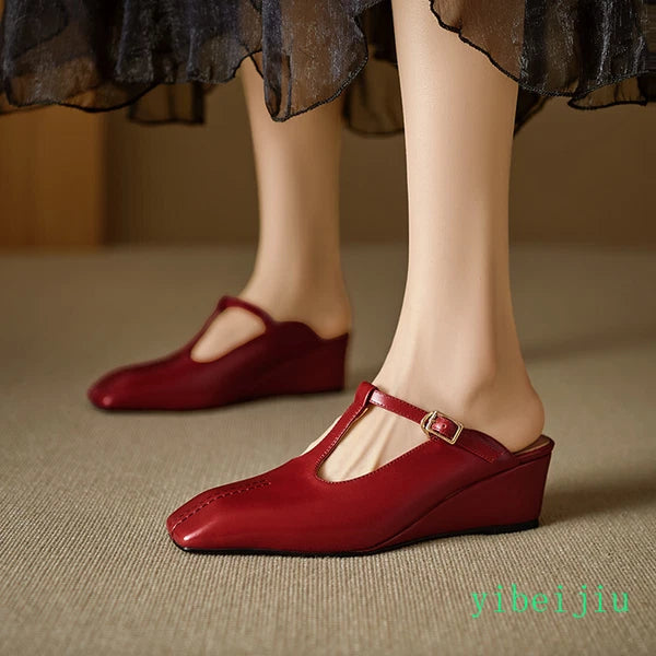 Women's Slippers Real Leather Mules Slides T Bar Sandals Comfort Date Shoes 2025