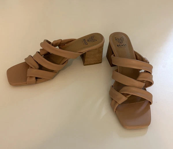 Womens Slip on Slides 11 Tan Strappy Mid Chuncky Stack Heel Sq Toe Beast Fashion
