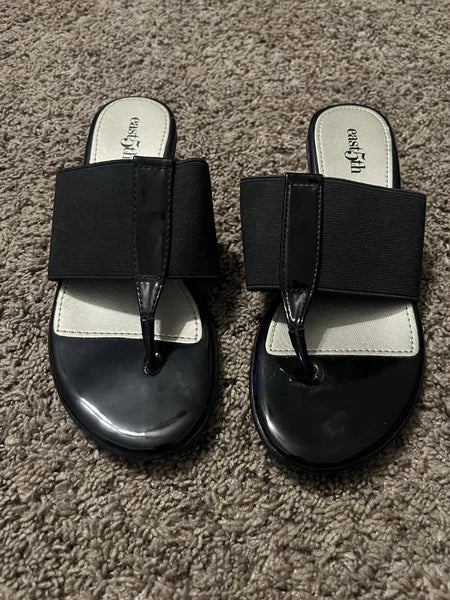 Women's East 5th Sz 5M Black Low Heel Sandals Thongs w/ Elastic Stretch Band Exc