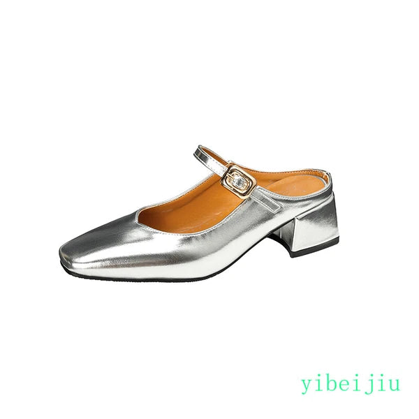 Women's Square Toe Mules Slides Low Heel Sandal Slingbacks Casual Shoes Office