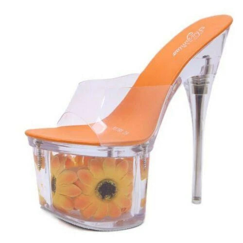 Women's Clear Transparent Flower Slipper Mules Slides Platform High Heel Sandals