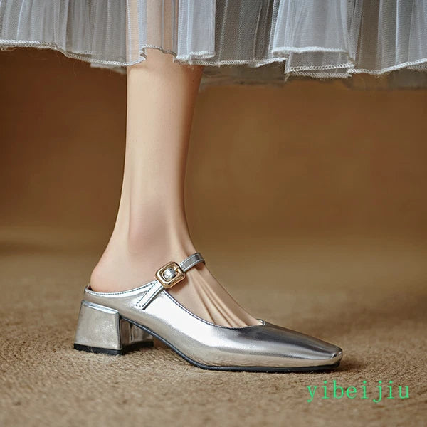 Women's Square Toe Mules Slides Low Heel Sandal Slingbacks Casual Shoes Office