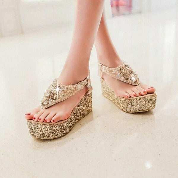 Beaded Women's Flip Flops Platform Sandals Shoes Wedge Heel Bling Roman Fashion