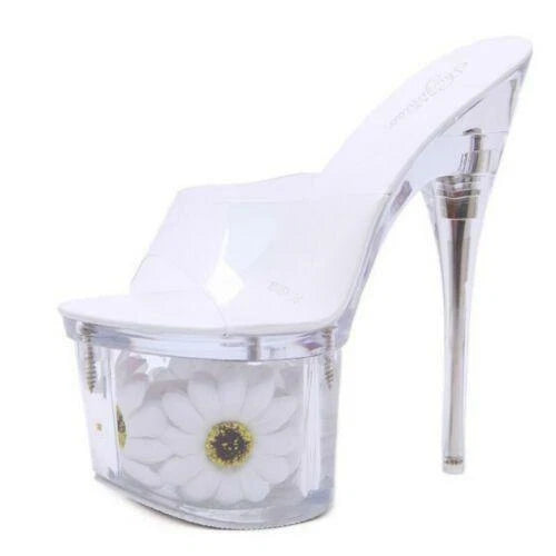 Women's Clear Transparent Flower Slipper Mules Slides Platform High Heel Sandals