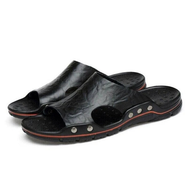 Mens Leather Slippers Summer Beach Fashion Sandals Casual Flats Slides Plus Size