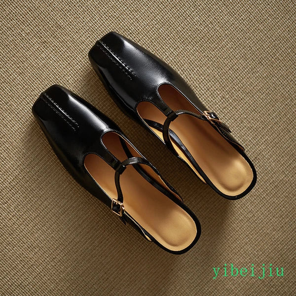 Women's Slippers Real Leather Mules Slides T Bar Sandals Comfort Date Shoes 2025