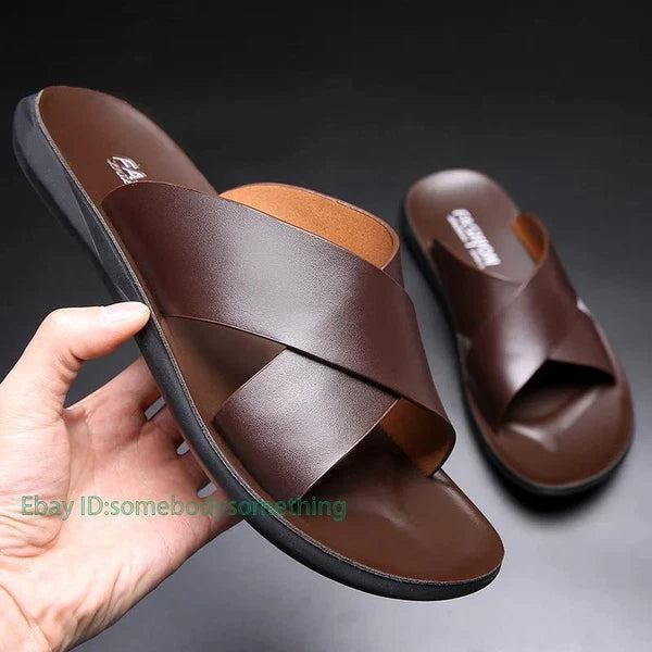 Mens Leather Flats Slip On Summer Casual Slippers Casual Beach Slides Shoes Size