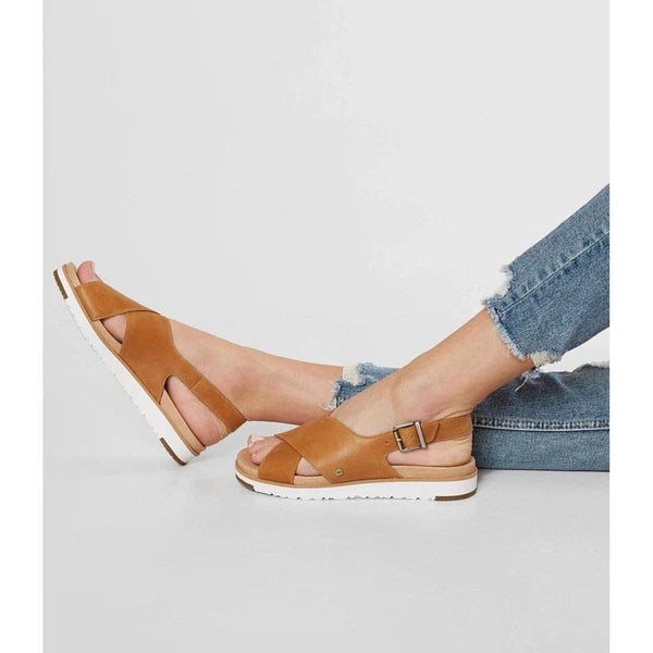 UGG Tan Leather Cross Strap Adjustable Buckle White Sole Sandals