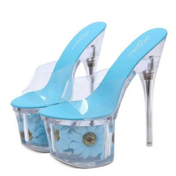 Women's Clear Transparent Flower Slipper Mules Slides Platform High Heel Sandals