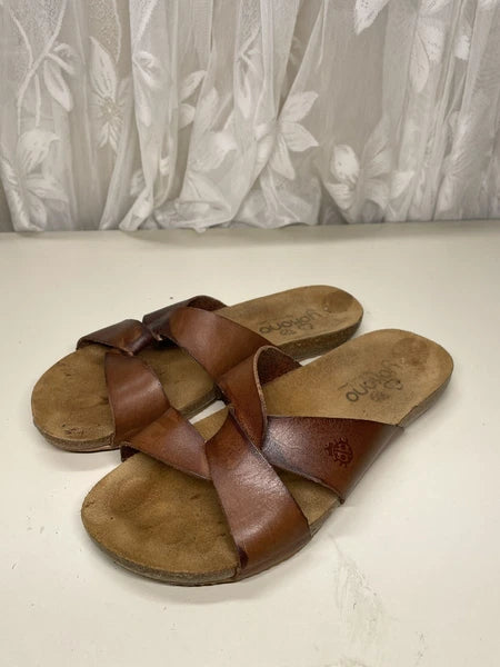 Yokono Women's Ochre Leather Cork Wedge Slide Sandals Size 7.5 Made in Spain