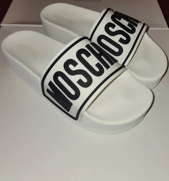 Moschino Womens 8.5 EU 41 Logo Platform Slides Sandals White Black Pool Tulum