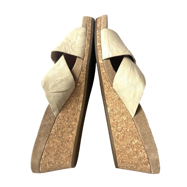 UGG Women's 9 Beige Leather Cross Slide Cork Wedge Summer Casual Sandals Slip On