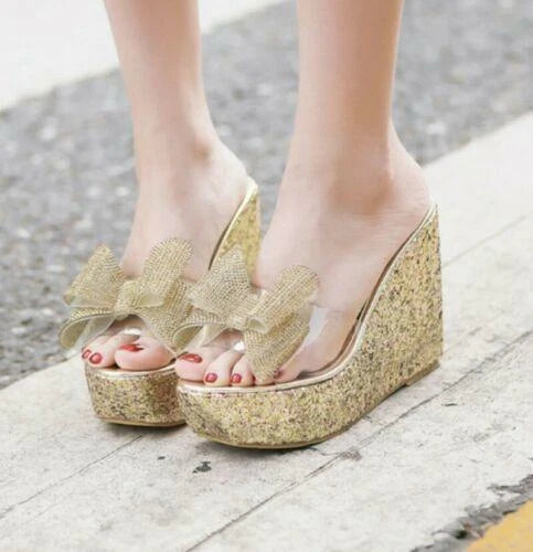 Womens Summer Sandals Bowknot Wedge Heel Platform Open Toe Slipper Causal Shoes