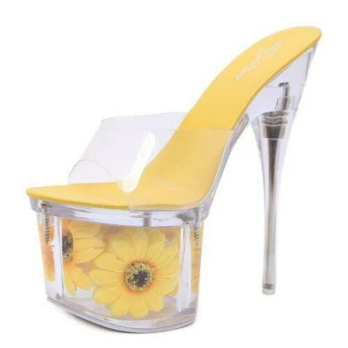 Women's Clear Transparent Flower Slipper Mules Slides Platform High Heel Sandals