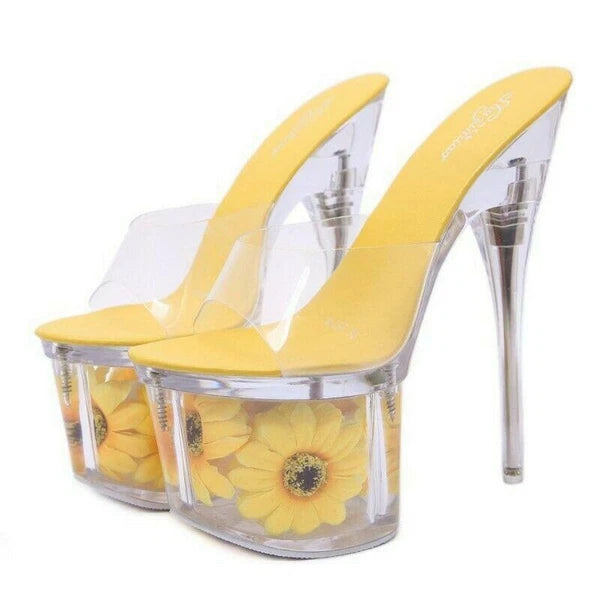 Women's Clear Transparent Flower Slipper Mules Slides Platform High Heel Sandals